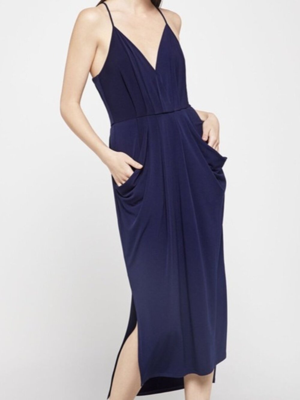 BCBGeneration Slinky Navy Racerback Midi Dress, With Pockets, Size XS